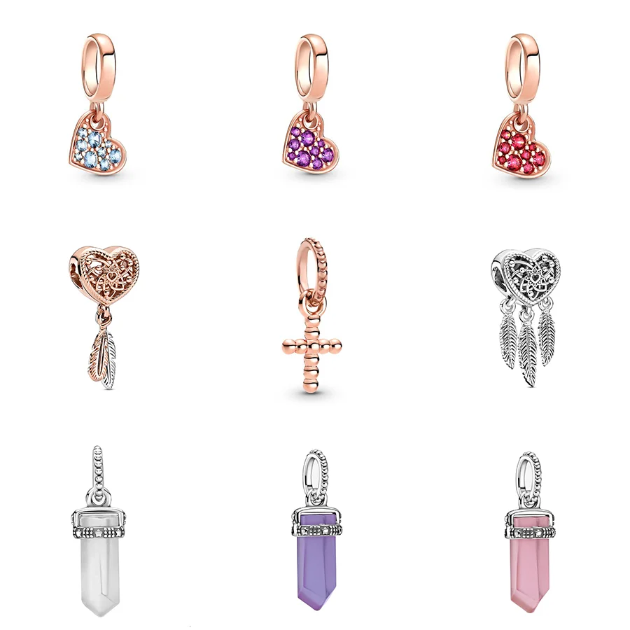

925 Sterling Silver Beads Rose Gold Diy Heart Shape Red Crystal Bead For Original Pandora Charms Women Bracelets & Bangles