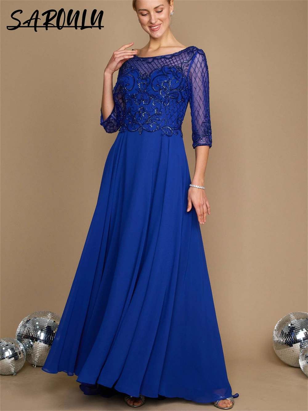 Long Sleeve Hand Beaded Mother Of The Bride Dress Lace Appliques Pleated Skirt Wedding Guest Dress Plus Size Party Gift For Mom