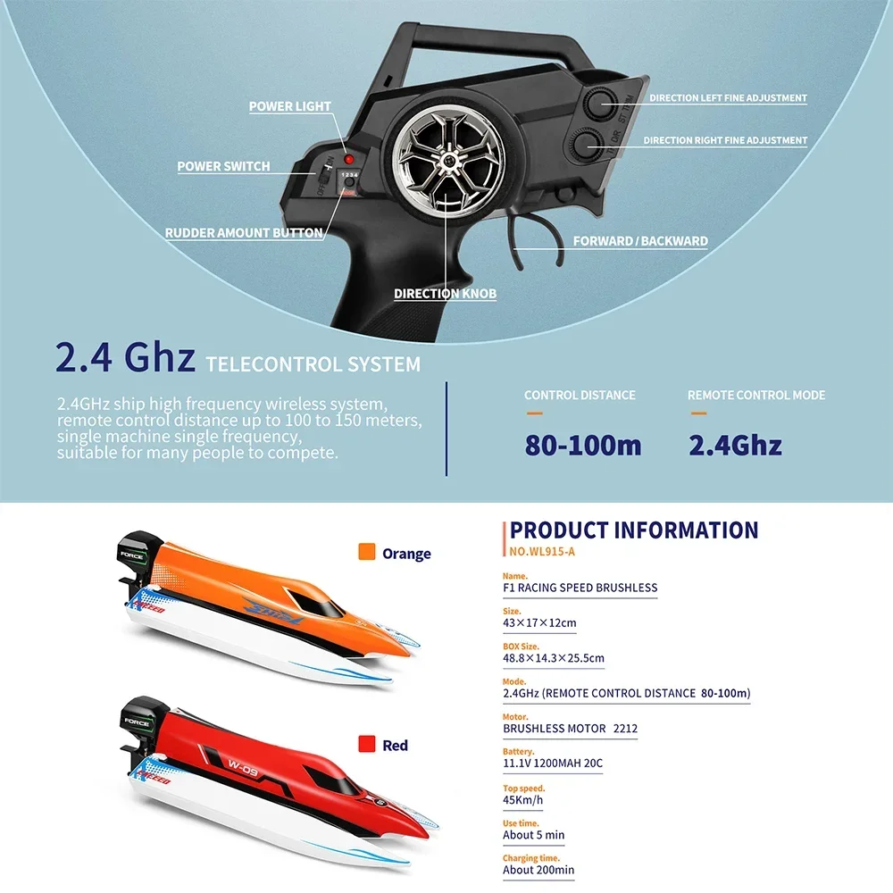 WLtoys WL915-A 45KM/H Rc Boat 2.4G Remote Control Speedboat Rechargeable Waterproof Cover Design Anti-collision Rc Boat 6