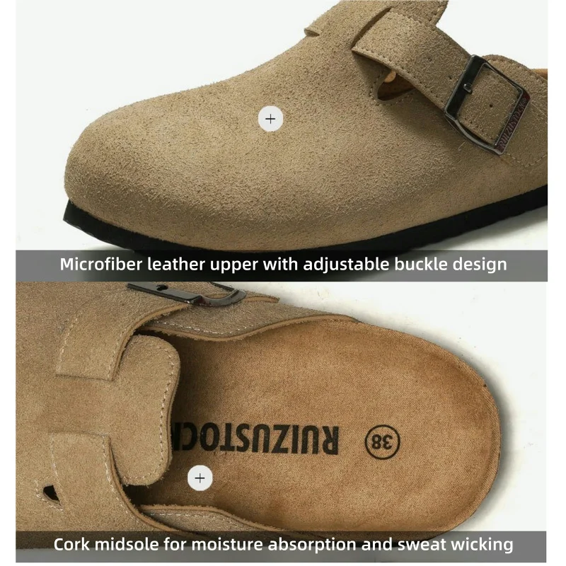 Closed Toe Slippers for Men and Women, Cow Suede microfiber Clogs, Retro Fashion, Beach Clog Slides, Cork Sole