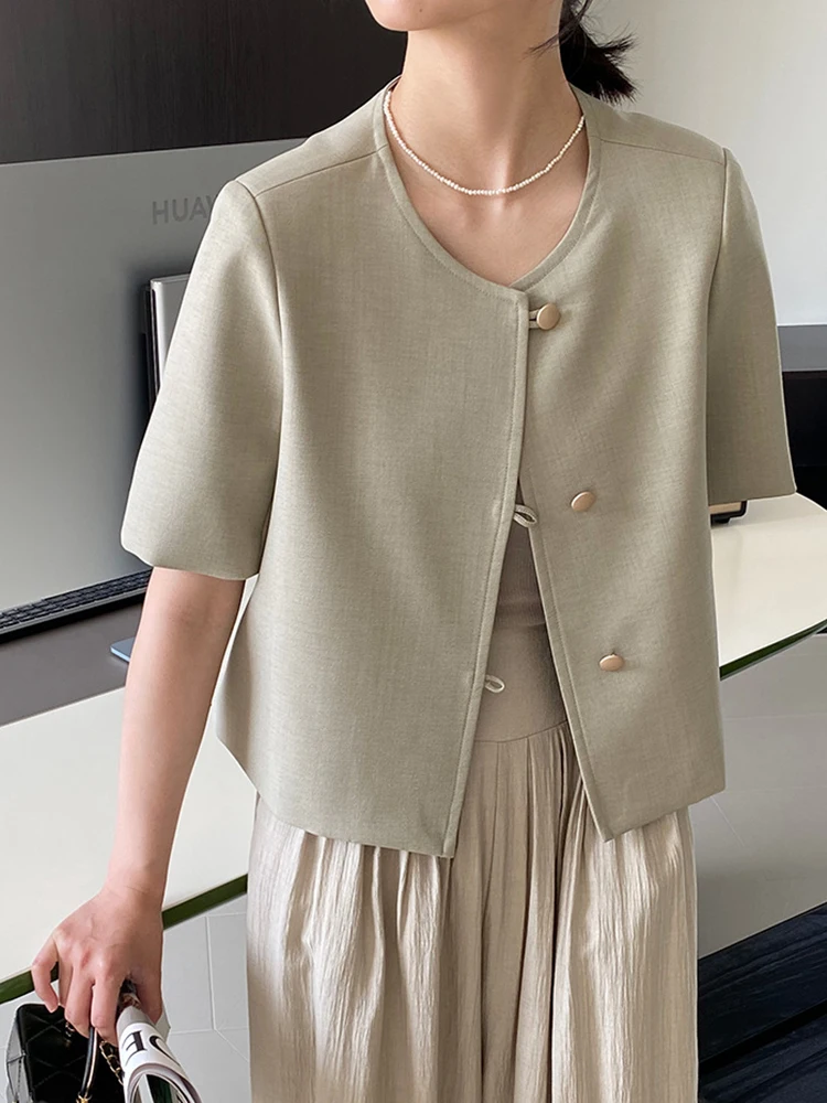 [LANMREM] Minimalism Short Sleeve Blazers For Women Round Neck Single Breasted Office Lady Loose Jackets 2024 Summer New 26D9145