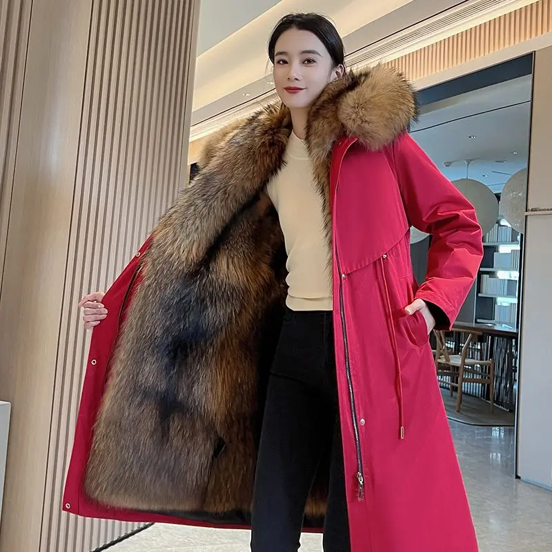 2023 New Women Faux Fox Fur Liner Detachable Long Below The Knee Parkas Mink-like Fur Coat Plus Size Thicken Warm Hooded Outwear