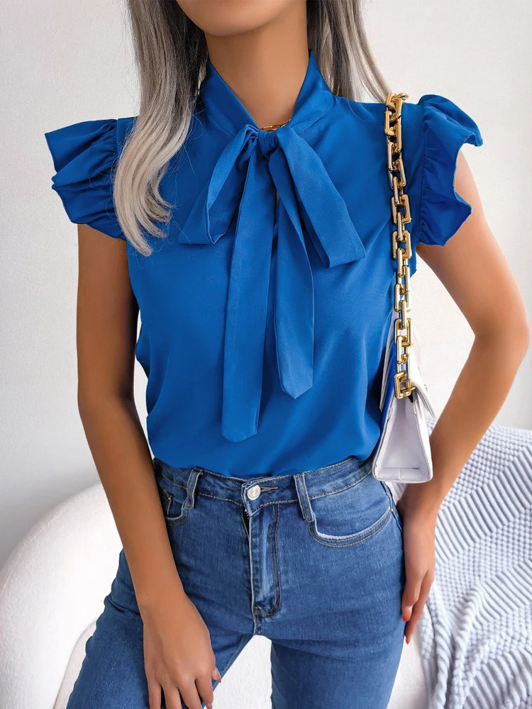 

Casual Sweet Blouses Female Sleeveless Tops Office Lady's Summer Shirts Chiffon Blouses For Women 2023 Harajuku Blue Shirts