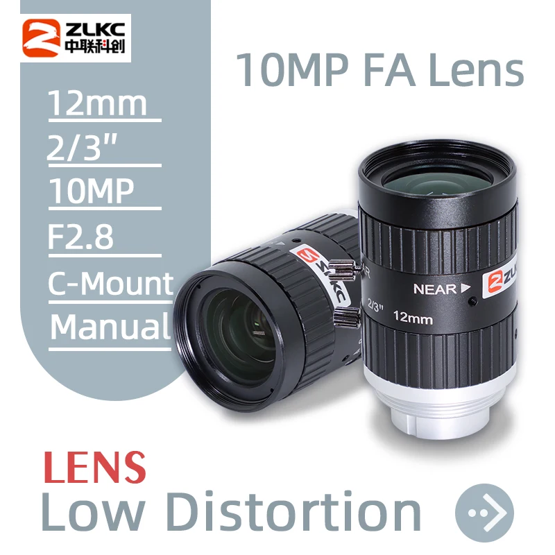 ZLKC 10MP 5MP 12mm FA Lens Fixed Focal Manual Iris High-Resolution C Mount F2.8 2/3