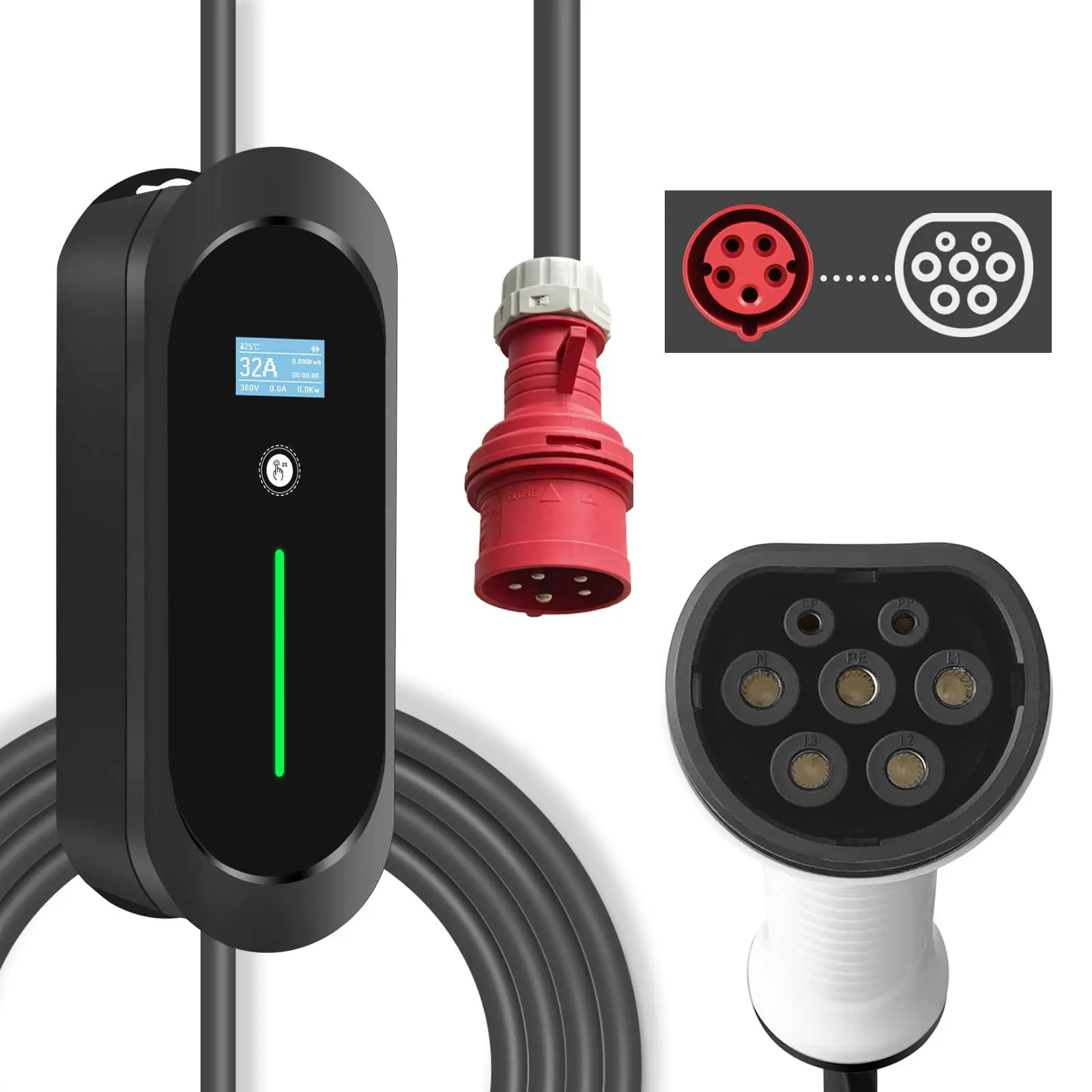 Caricabatteria Per Auto Elettrica Tipo 2 Spina Cee Livello 2 3 Fasi Evse 380V 16A 11Kw Caricabatterie Ev Mobile Wallbox 5M Cavo 8A 10A 13A