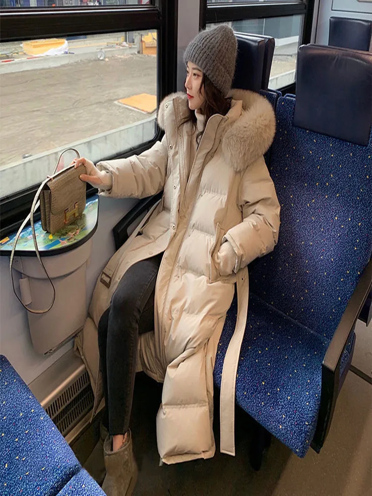 

2022 new white duck down jacket women's long over the knee thickened fox fur collar waist hooded long-sleeved women's coat
