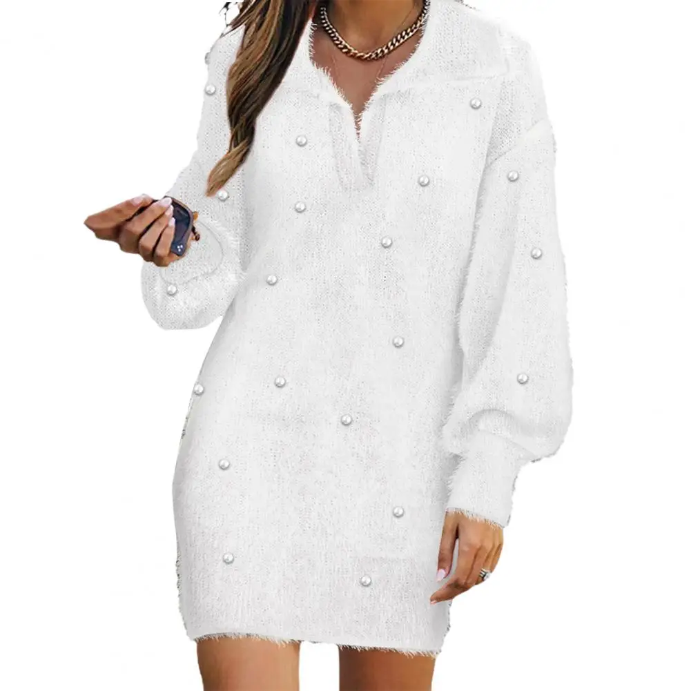 

Fall Women Dress Knitted Solid Color Beaded Lape Long Lantern Sleeve Plush Warm Slim Fit Pullover Mini Dress Women 2023