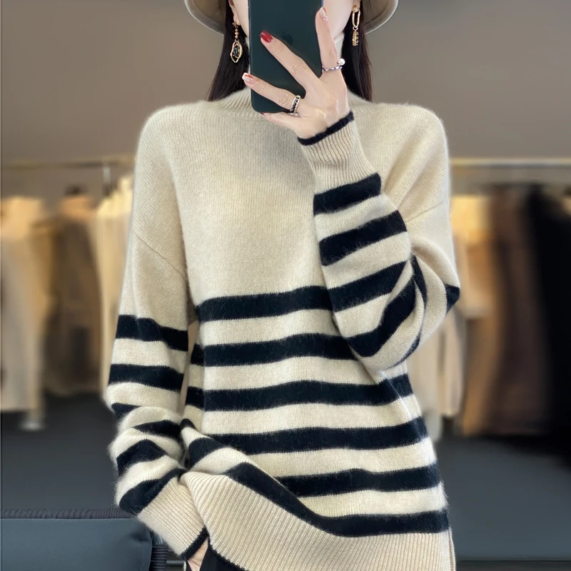 

Women's Clothing Turtleneck Pullover Sweater 100% Merino Wool Knitted Stripe Top Autum Winter Casual Loose Fashion Korean Jumper