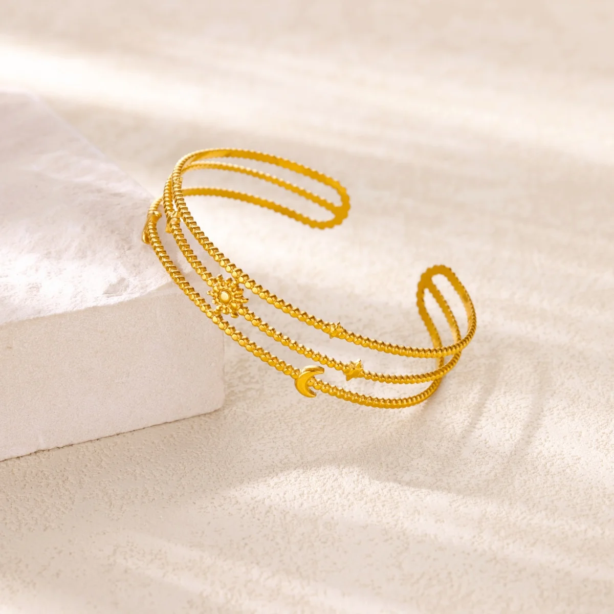 Multi-layered Stars Moon Sun Bangle For Women Gold Color Stainless Steel Bangle