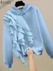ZANZEA Simple Hooded Collar Jumper Women Ruffled Edge Sweatshirts 2024 Autumn Solid Pullovers Korean Style Long Sleeve Hoodies 2