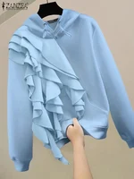 ZANZEA Simple Hooded Collar Jumper Women Ruffled Edge Sweatshirts 2024 Autumn Solid Pullovers Korean Style Long Sleeve Hoodies 2