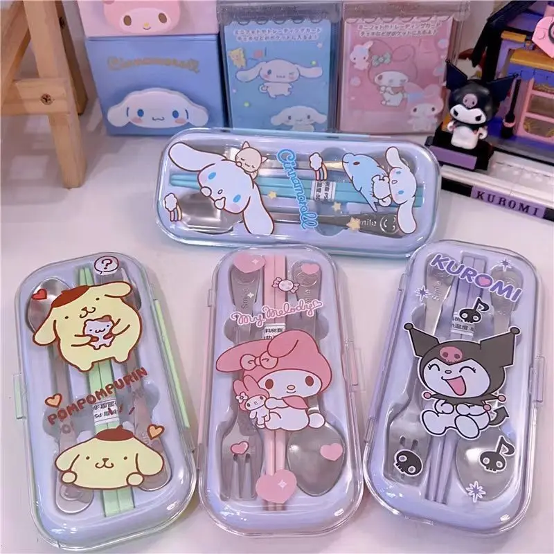 

Sanrio Kawaii Anime Cinnamoroll Kuromi Portable Stainless Steel Chopsticks Fork Cute My Melody Cartoon Tableware Box Kids Toys