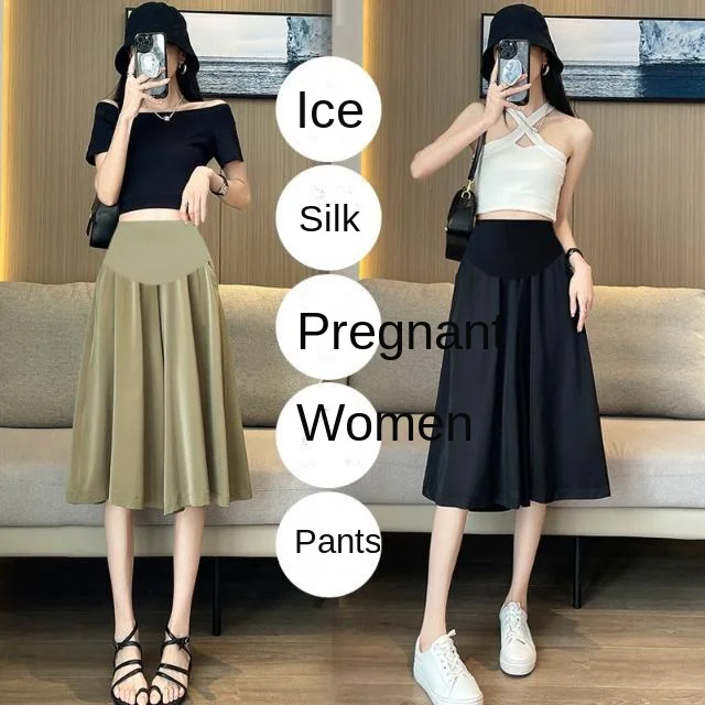ice silk wide leg pants women s summer new high waist drape loose and thin straight black mopping casual pants Pregnant women's pants Summer satin ice silk wide leg pants Thin drape mommy small loose casual cropped skirt pants Pregnant wom