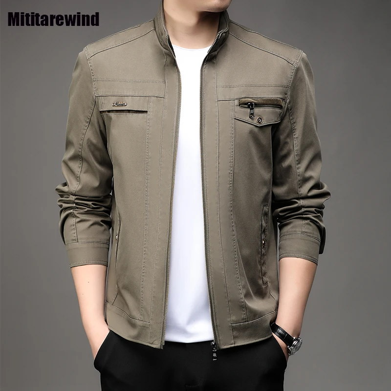

Куртка мужская демисезонная, повседневная рабочая одежда, пальто цвета хаки на молнии, с воротником-стойкой, корейская мода, одежда для мужчин среднего возраста