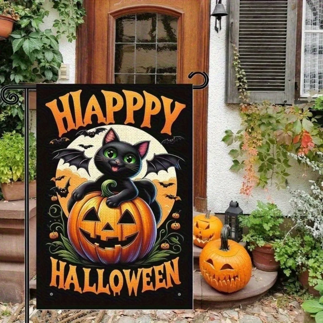 Halloween Gartenflagge – Doppelseitig, 30x45 Cm, Flachs, Mit Hexe, Katze & Kürbis, Perfekt Für Terrasse & Balkon