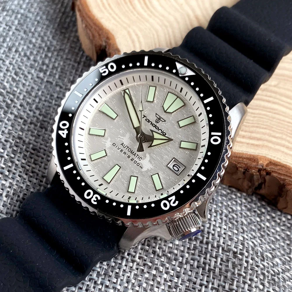 Tandorio Diving Selfwinding Watch Men SKX Mod NH35 White Top Brand Luxury Steel Waterproof Clock 3.8 Crown Metal Bracelet Lume