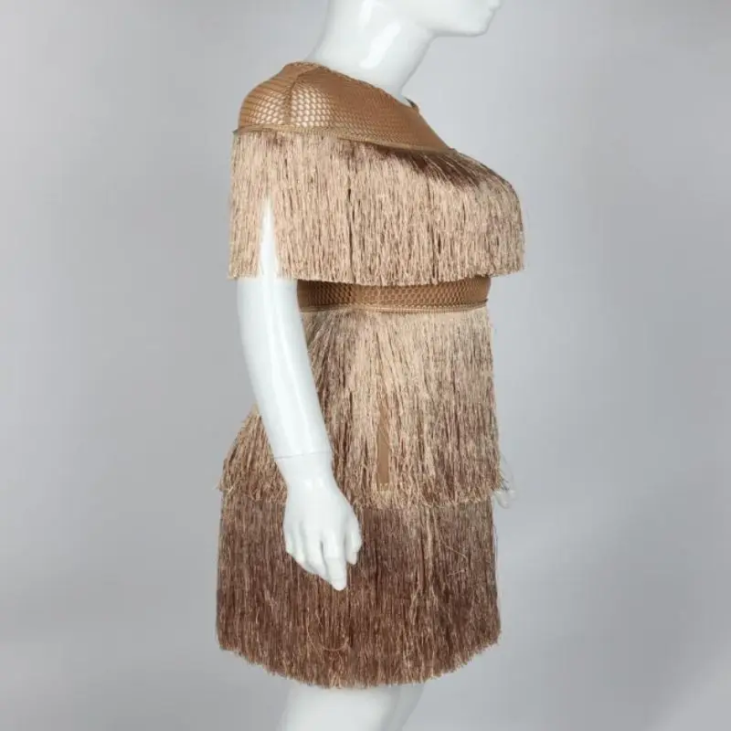 open lace back dress Unique Vintage Black Chevron Fringe Pencil Dress