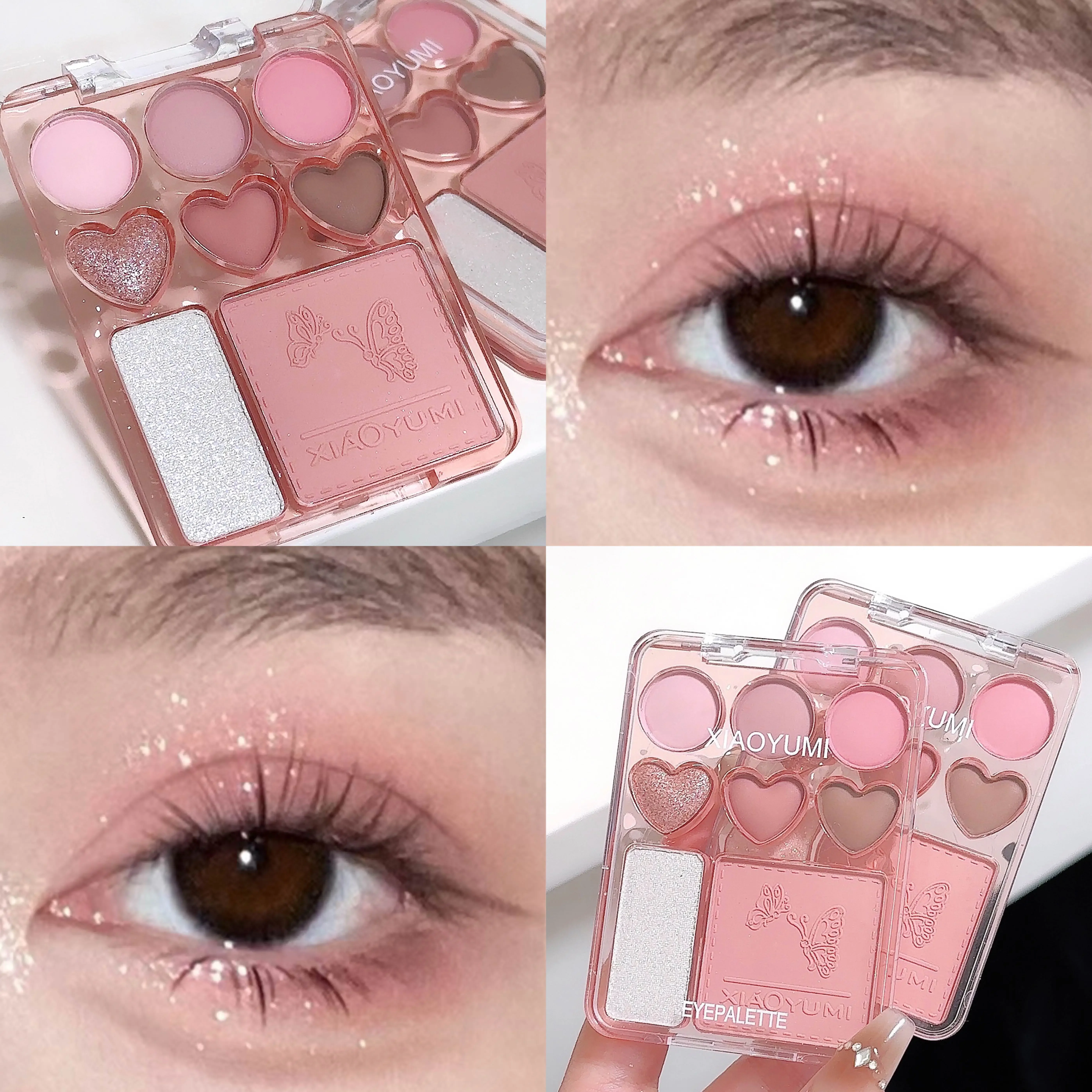 Heart-shaped 8-color eyeshadow tray with blush highlight - matte, glitter, high-gloss effect - pink, berry, brown, tone 4
