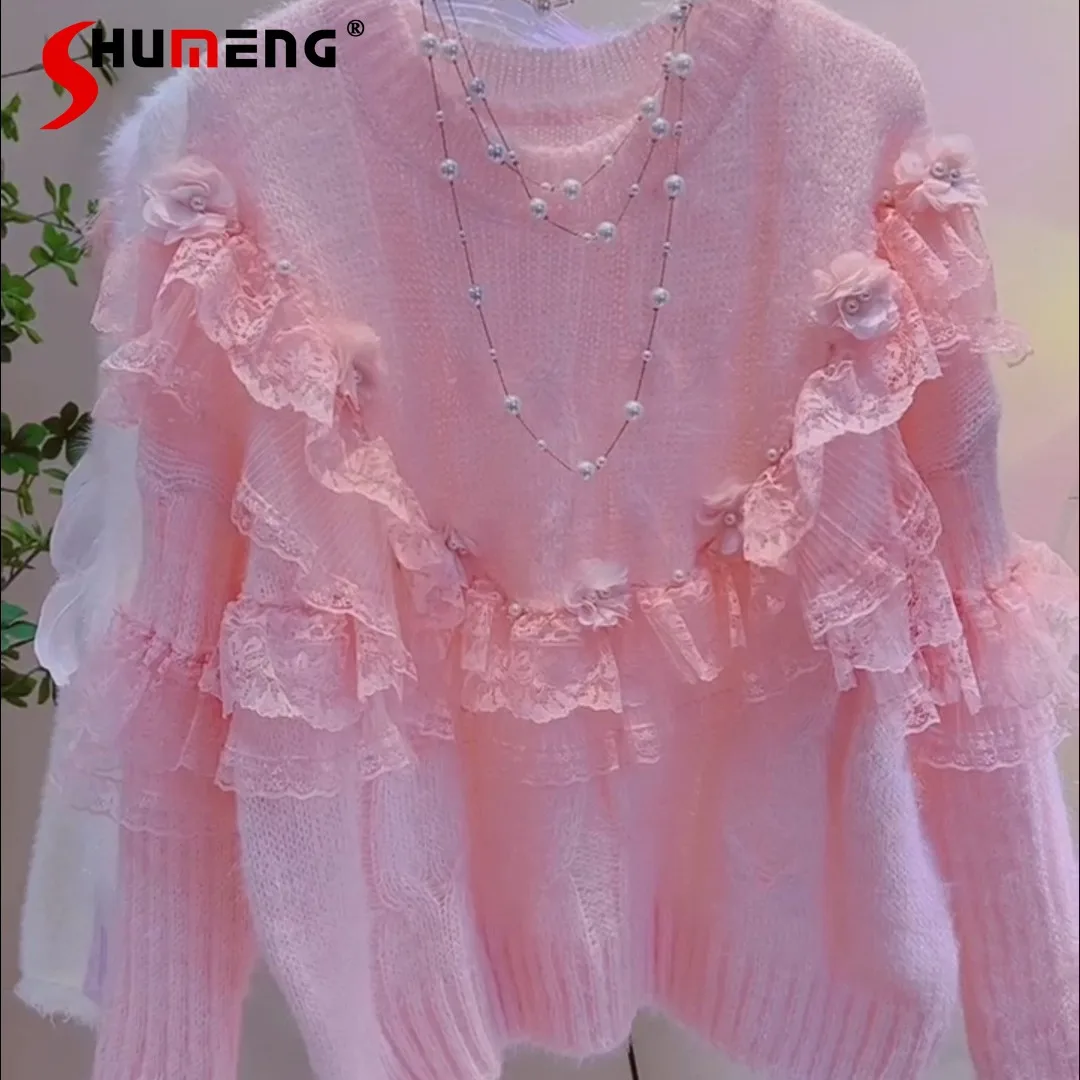 

Fashionable Autumn Winter New Sweaters Women's Stitching Lace Sweet Comfort Long Sleeve Knitted Tops Nice Solid Color Knitwears