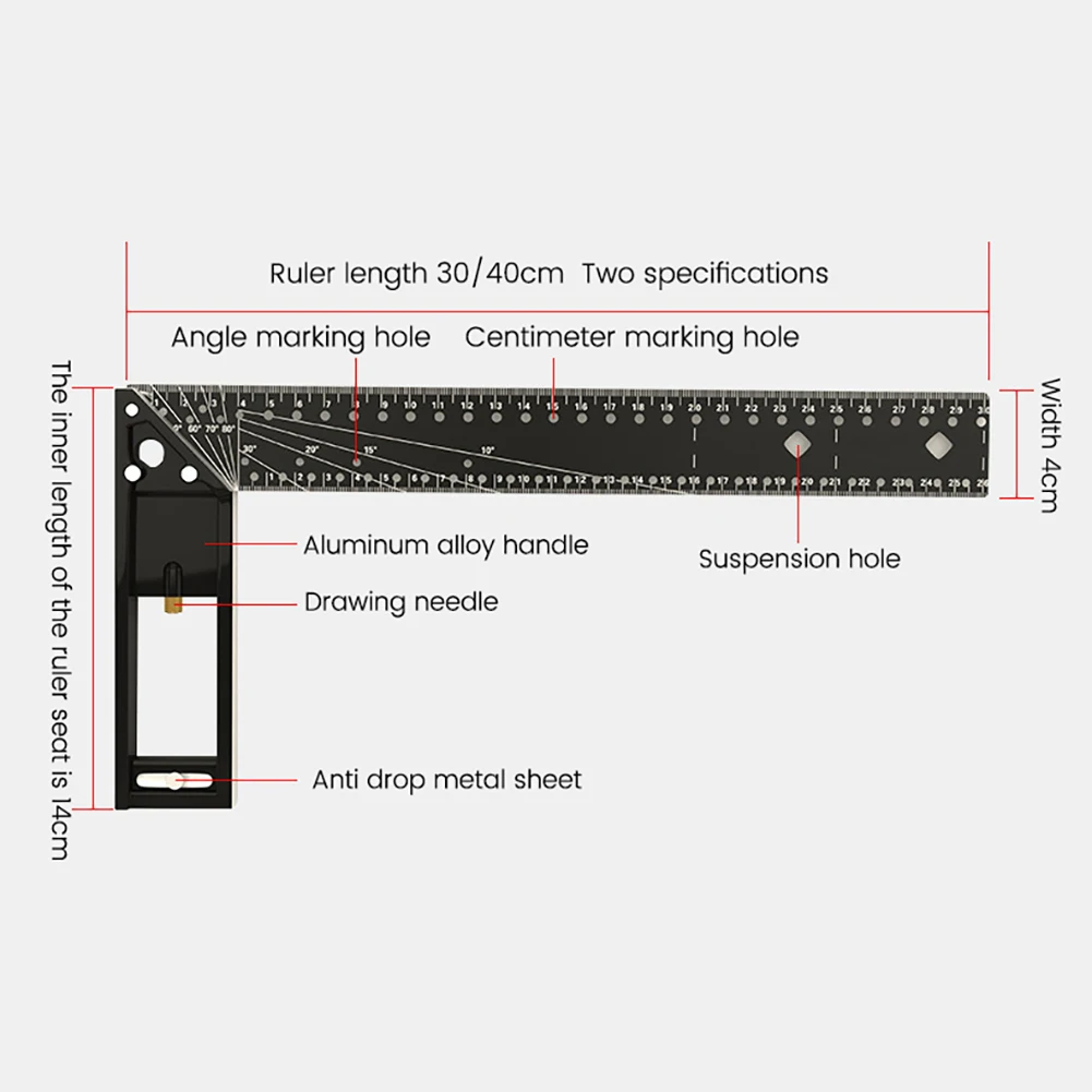 Carpenter Square Hole Scribing Ruler Carbon Steel 90 Degree Measuring Ruler Woodworking Tool Square Ruler Professional Tool 6