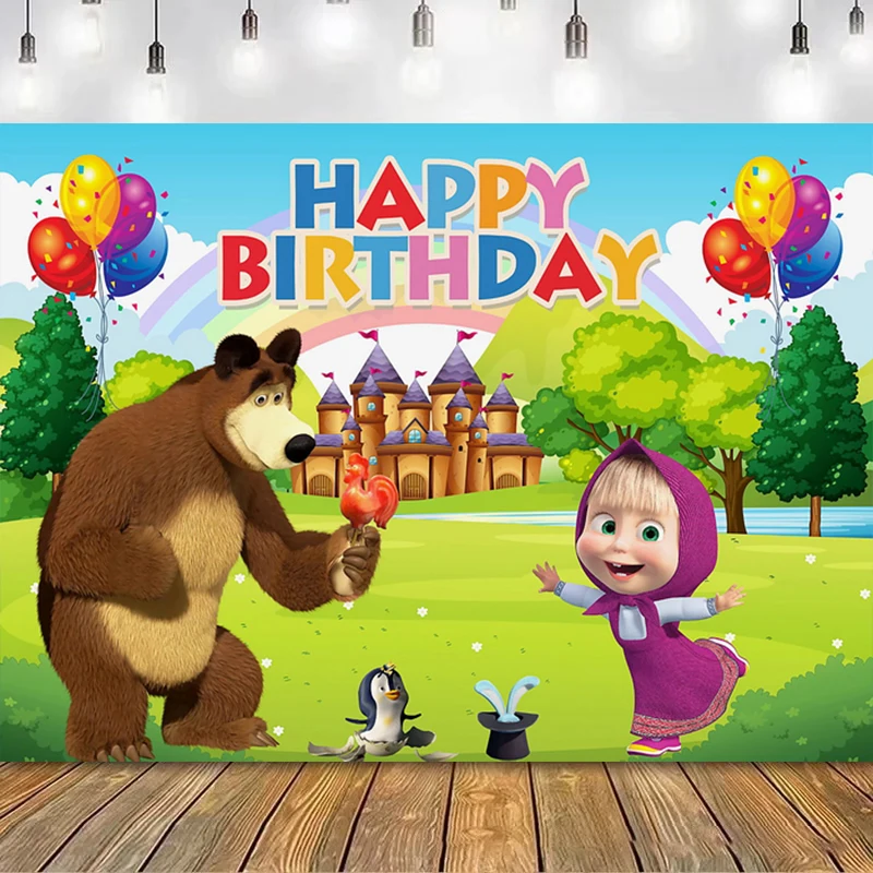 Birthday backdrop party backdrop curtain party decoration party supplies Disney Mashas and Bear theme background for children birthday party baby shower first birthday