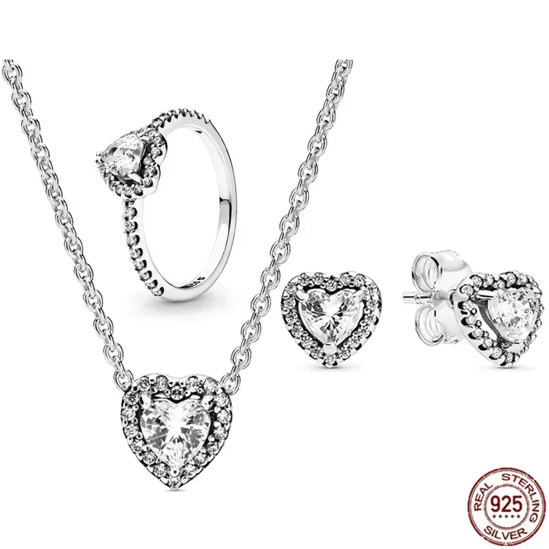 

New 925 Sterling Silver Shining Exquisite Heart Ring Earrings Necklace Classic Heart Series Set Charming Women's Jewelry Gift