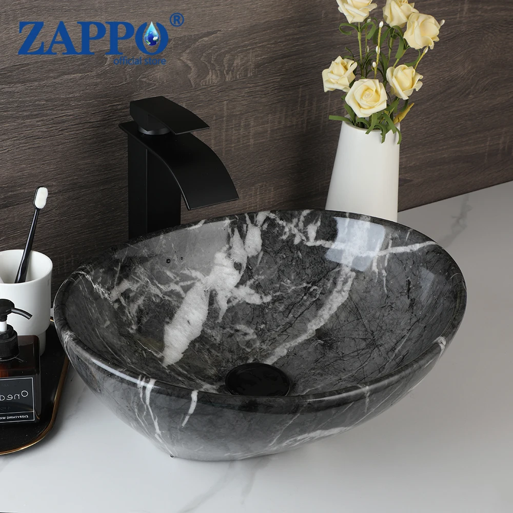 ZAPPO Marbling Rectangle Vessel Sink with Faucet Drain Ceramic Vessel Sinks Oval Bathroom Sink Bowl Above Counter with Mixer Tap