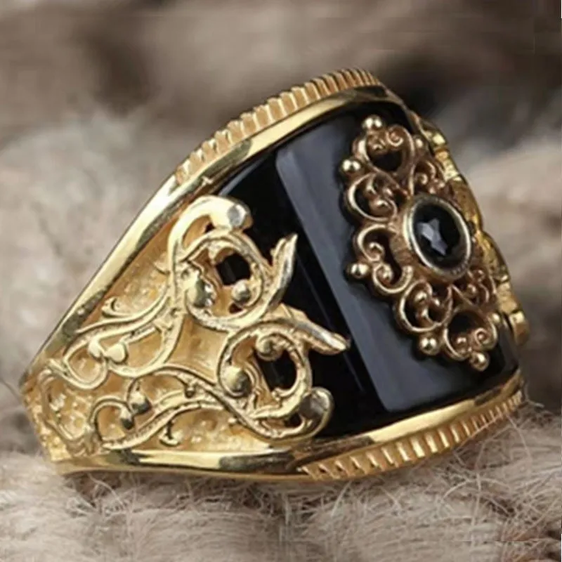 Turkish Handmade Silver Men Rings Vintage Carved Eagle Pattern Black Zircon Stone Punk Muslim Jewelry