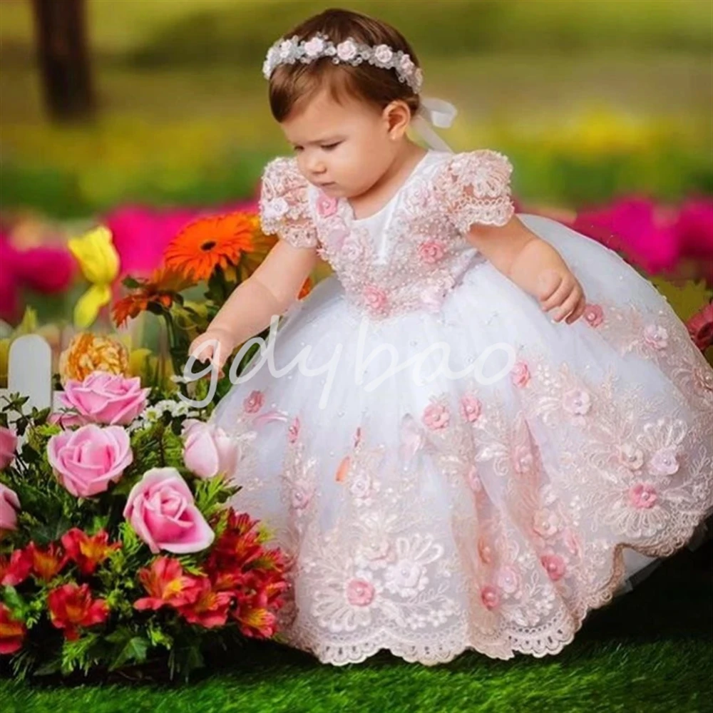 BabyGirlBirthdayDressLacePearlsInfantTutuDressPrincessFlower