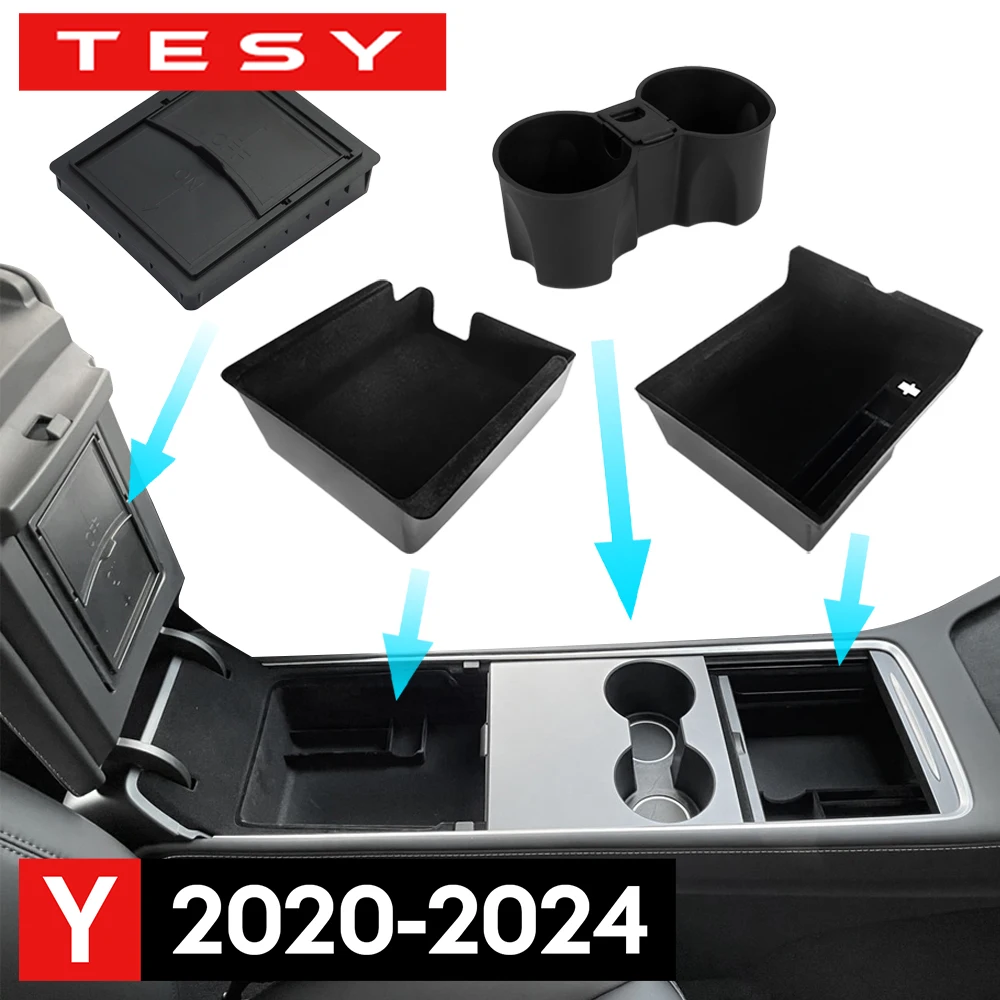 Storage Container For Tesla Model Y Hidden Storage Center Console Armrest Front and Rear Flocking Layered Grid Organized Container