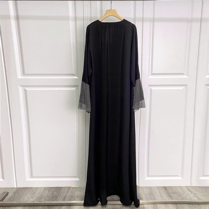 무슬림 라마단 이드 블랙 오픈 기모노 아바야 탄성 드릴링 네트, Shalwar Kameez 캐주얼 루즈 모로코 걸프 여성 로브