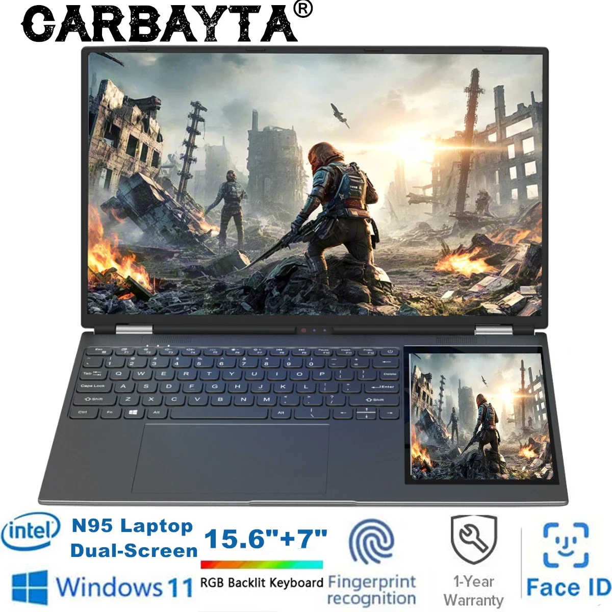 CARBAYTA 15.6"+7" Dual Screen Laptop Computer, Intel N95 32GB/16GB DDR4 RAM, RGB Backlit Keyboard 7" Touch Screen Notebook PC