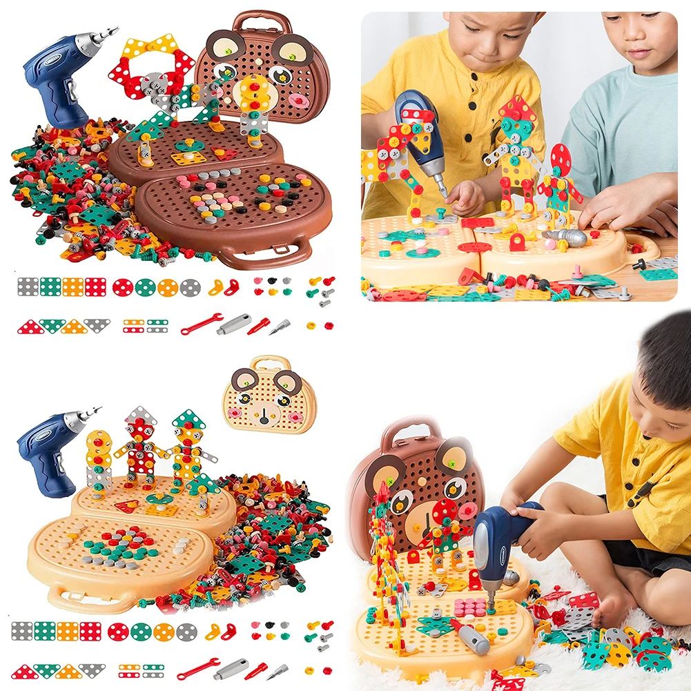 203Piece Electric Drill Puzzle Toy Creative Mosaic Puzzle Toy Trendy Bits Screw STEM Drill Engineering Building Kit for Kids