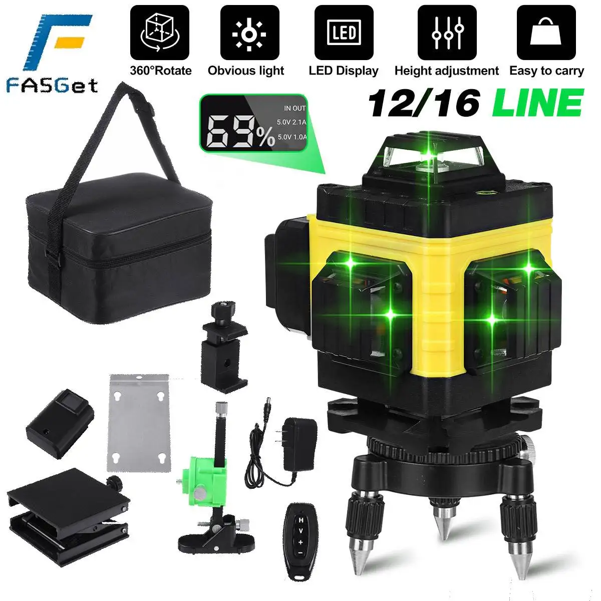 

FASGet 16 Lines 4D Laser Level Self-Leveling 360 Horizontal and Vertical Cross Super Powerful Green Laser Beam Lines Laser Level