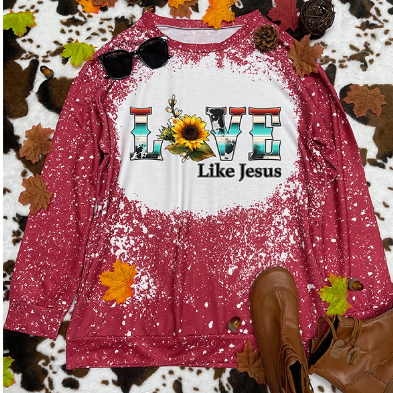 

Autumn Women's Crew Neck Long Sleeve Hoodie Women Love Like Jesus Sunflower Print Top Women Clothing Korean Reviews Clothes