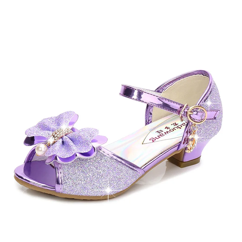 Children's Girls Shoes Crystal Bow Shiny High Heels Princess Shoes Hot Sale New Girls Fish Mouth Sandals High Heel Pink