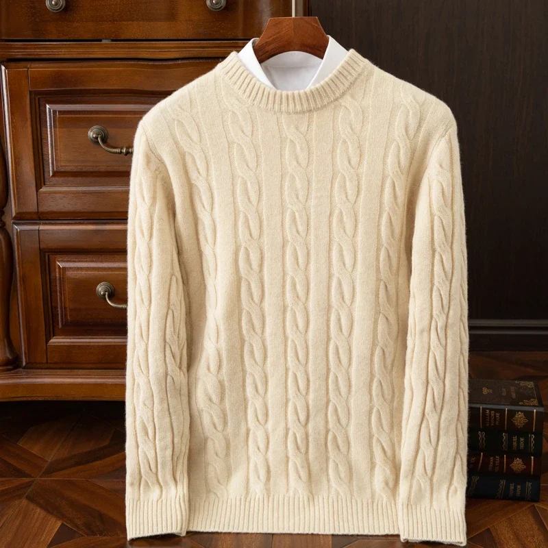 Men's custom cashmere sweater, 100% pure cashmere round neck, thick and loose oversized knitted bottom wool sweater 3