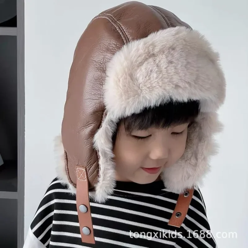Children Hats with Plush and Thick Ear Protection Autumn Winter Parent-child Cycling Windproof and Coldproof Leather Warm Hats