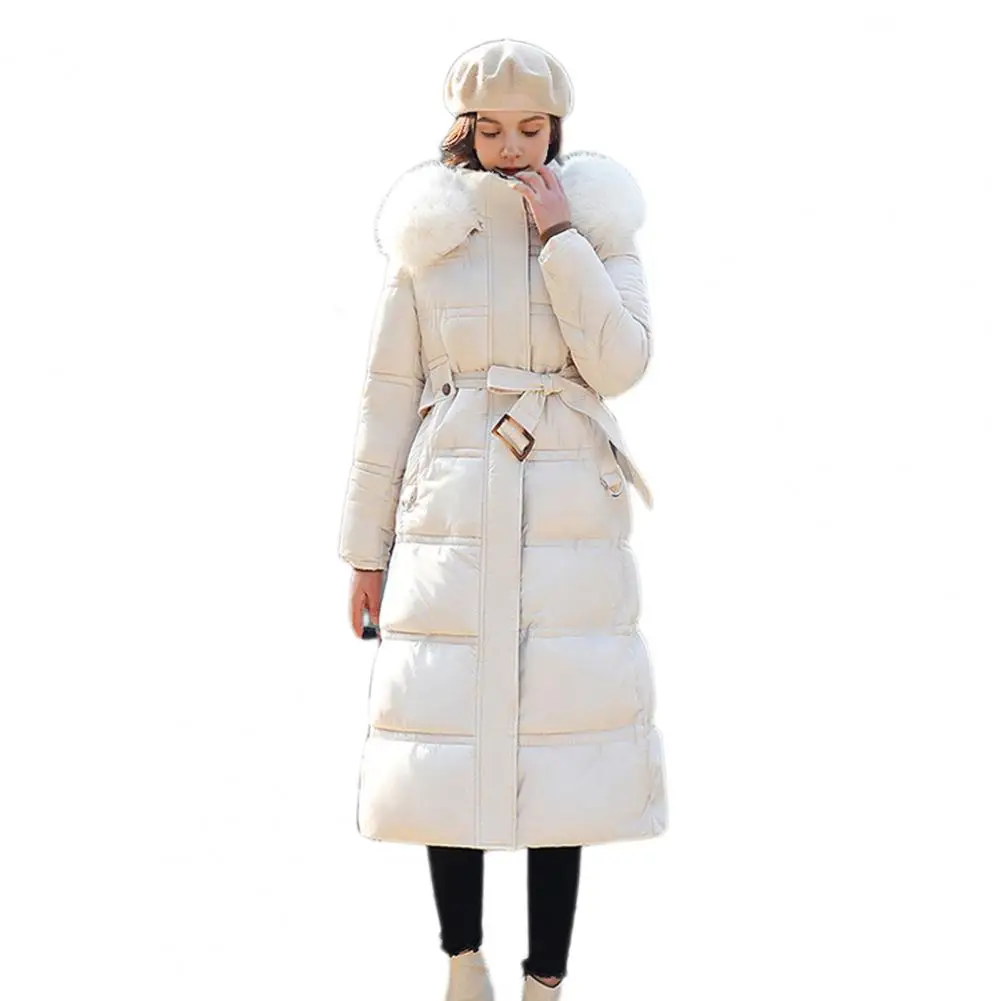 Winter Women Long Parkas Solid Colo Neck Hooded Cotton Jacket Pockets Windproof Zipper Closure Padded Outwear