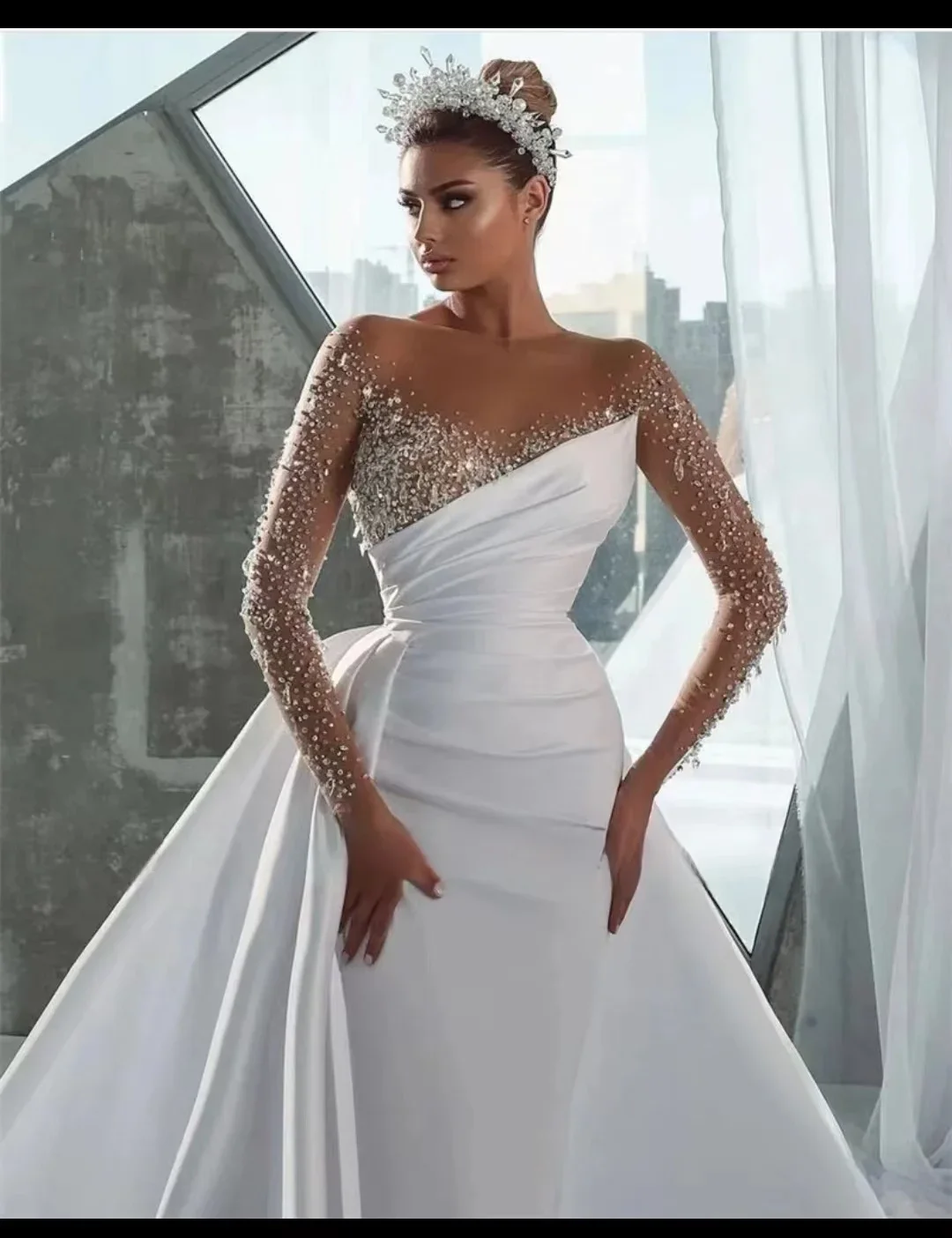 Luxury Beads Mermaid Wedding Dresses Satin Strapless Long Sleeve Bridal  Gowns- | eBay