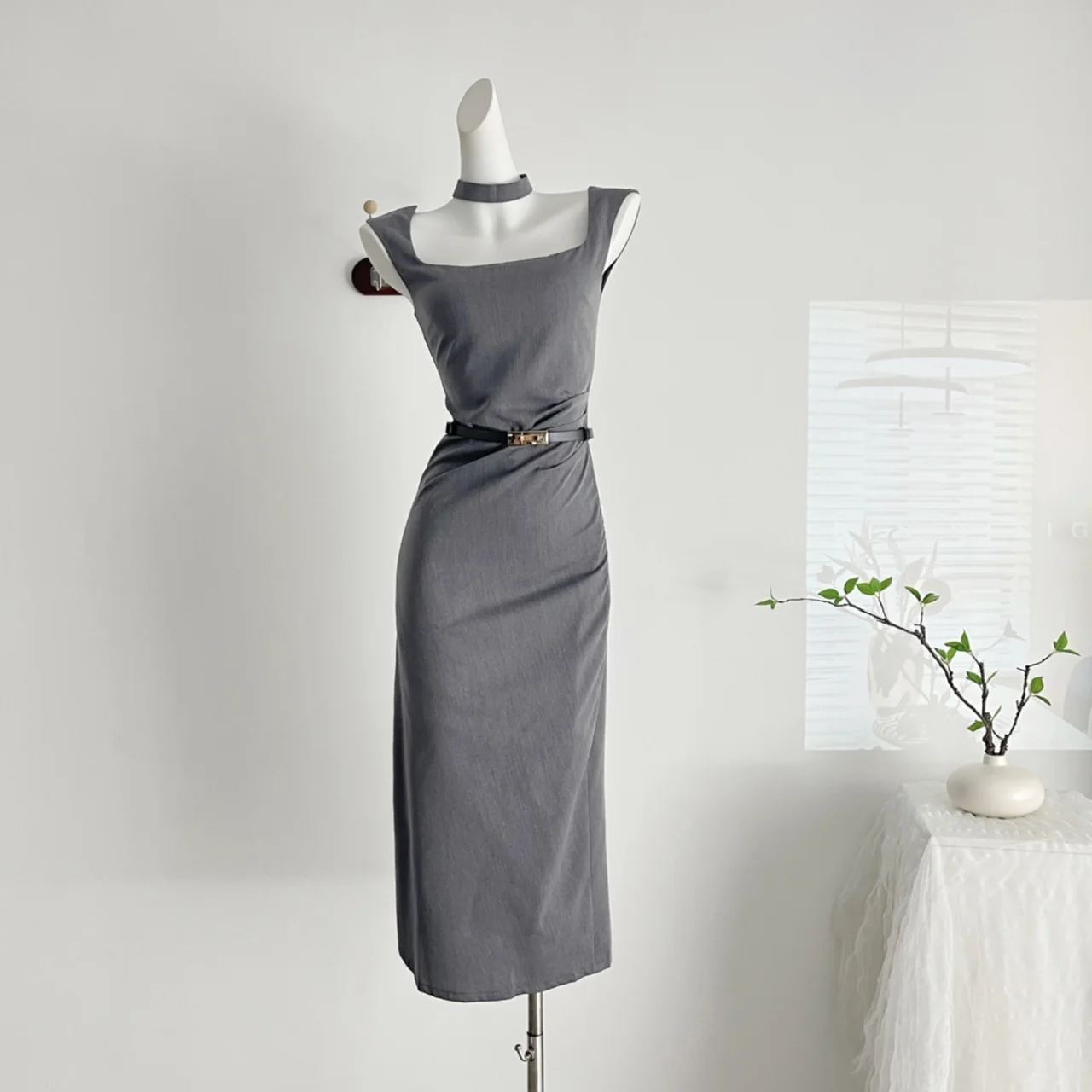 Midi Dress French Grey Clothing Dress French Vintage Elegant Pure
