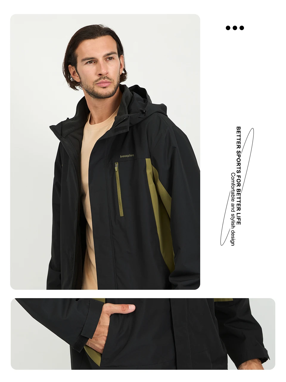 Baasploa Herrenjacken, Marken-Windjacke, 3-in-1, wasserdichte Mäntel aus gewebter Baumwolle, hochwertige, bequeme Wander- und Outdoor-Kleidung für Herren – Detail 12