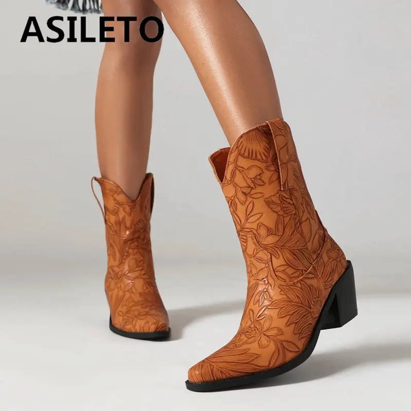 

ASILETO Casual Western Boots for Women Pointed Toe Chunky Heels 6cm Slip On Embroider Big Size 46 47 48 Daily Mid Calf Booty