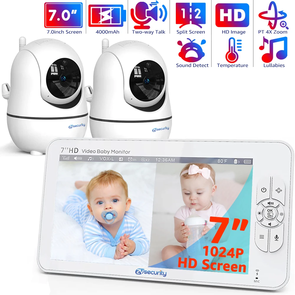 Video Baby Monitor 7.0 inch HD Split Screen 2 Cameras Pan Tilt 4X Zoom 2 Way Audio Night Vision 4000mAh Battery