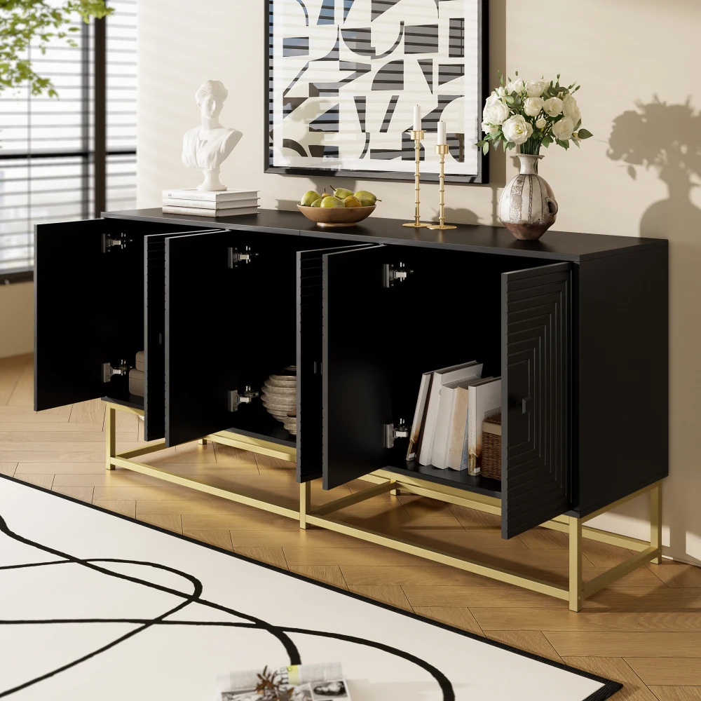 PINGGO Moderner Schwarzer Aufbewahrungsschrank 3 Doppeltüren Matte Oberfläche Sideboard für Wohnzimmer Esszimmer Büro – Detail 7