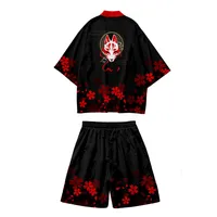 Large Size 5XL Two-piece Suit Vintage Japanese Cardigan Newest Haori Yukata Hannya Mask Demon Print Kimono Shorts Sets 2