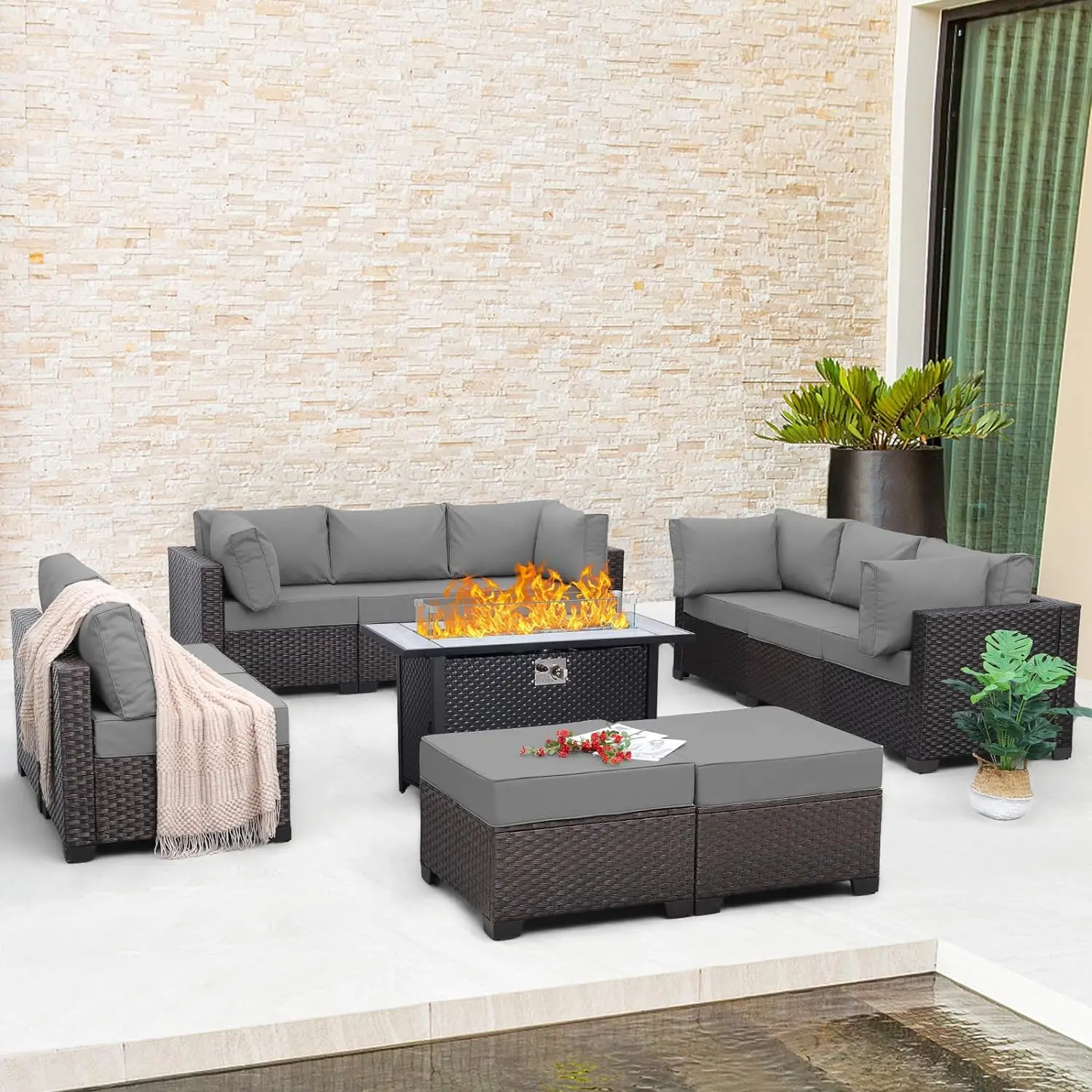 

Outdoor Patio Set 10PCS Sectional Sofa PE Wicker Conversation Couch Sets with 45" Gas Fire Pit Table and Non-Slip 5 Thick