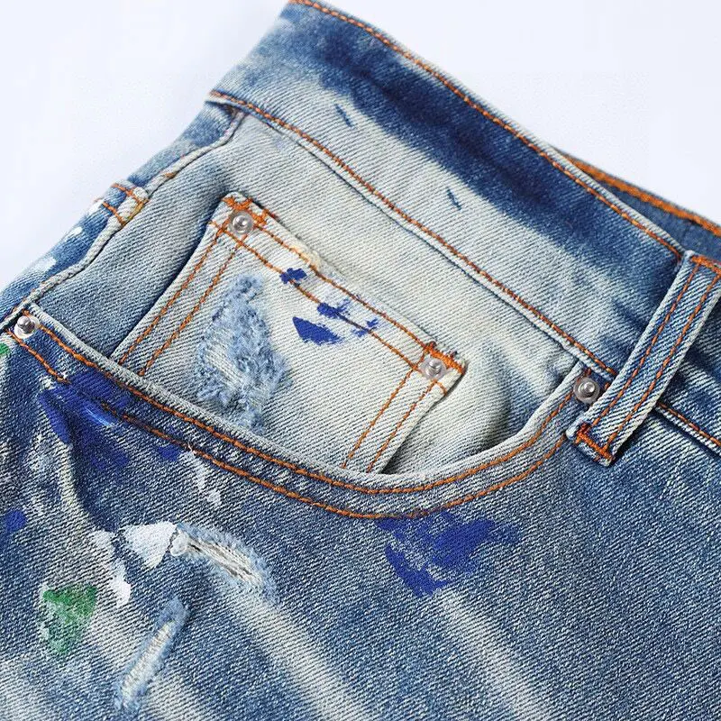 Street Fashion Men Jeans Retro Washed Blue Elastic Stretch Skinny Painted Ripped Jeans Men Patched Designer Hip Hop Brand Pants