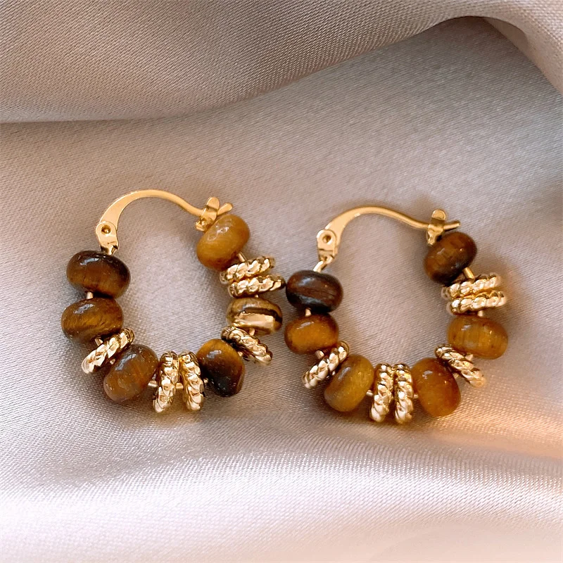 Französisch Vintage Tigerauge Stein Perlen Gold Farbe Creolen Modeschmuck Hochzeits feier elegante Accessoires für Frauen – Detail 11