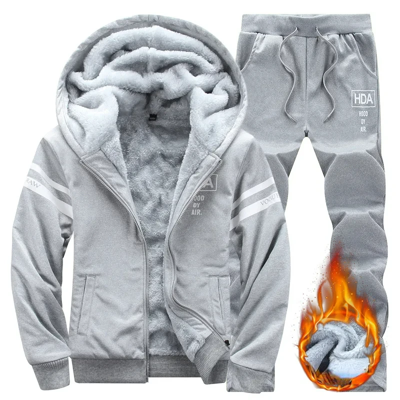 2023 Large Winter Men's Casual Sports Plush Set Hooded Coat Korean Edition Warm and Thickened Two Piece Set Clothes for Men 3